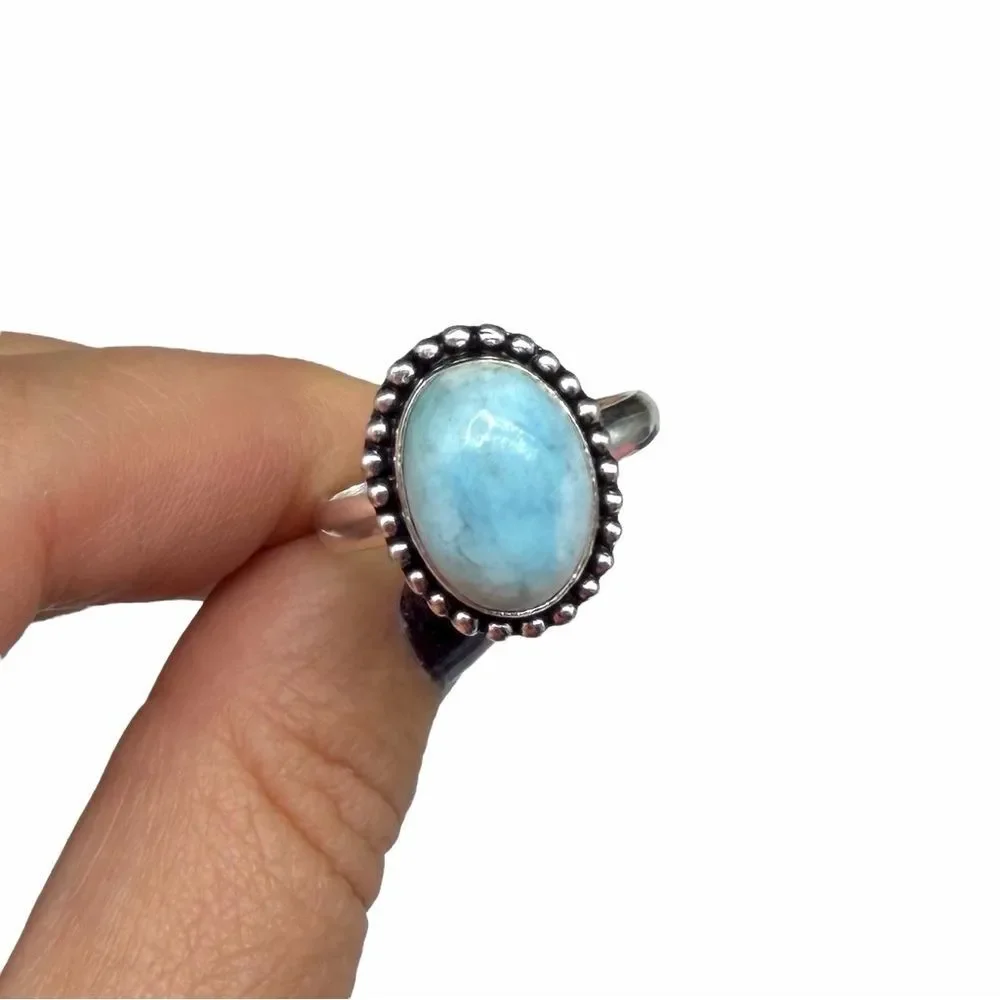 Larimar Ring Size 10 925 Sterling Silver Overlay Natural Stone Blue Oval Boho - Picture 4 of 9